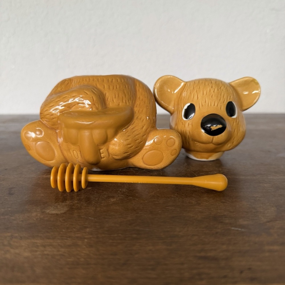 Vintage Ceramic Teddy Bear Honey Pot Jar with Removable Head And Honey Dipper - Picture 4 of 5